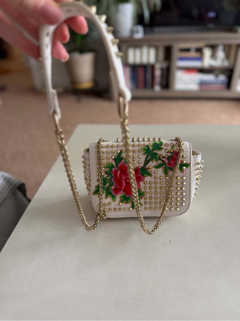 Floral Studded Crossbody Bag | Cream Embroidered Mini Chain Purse